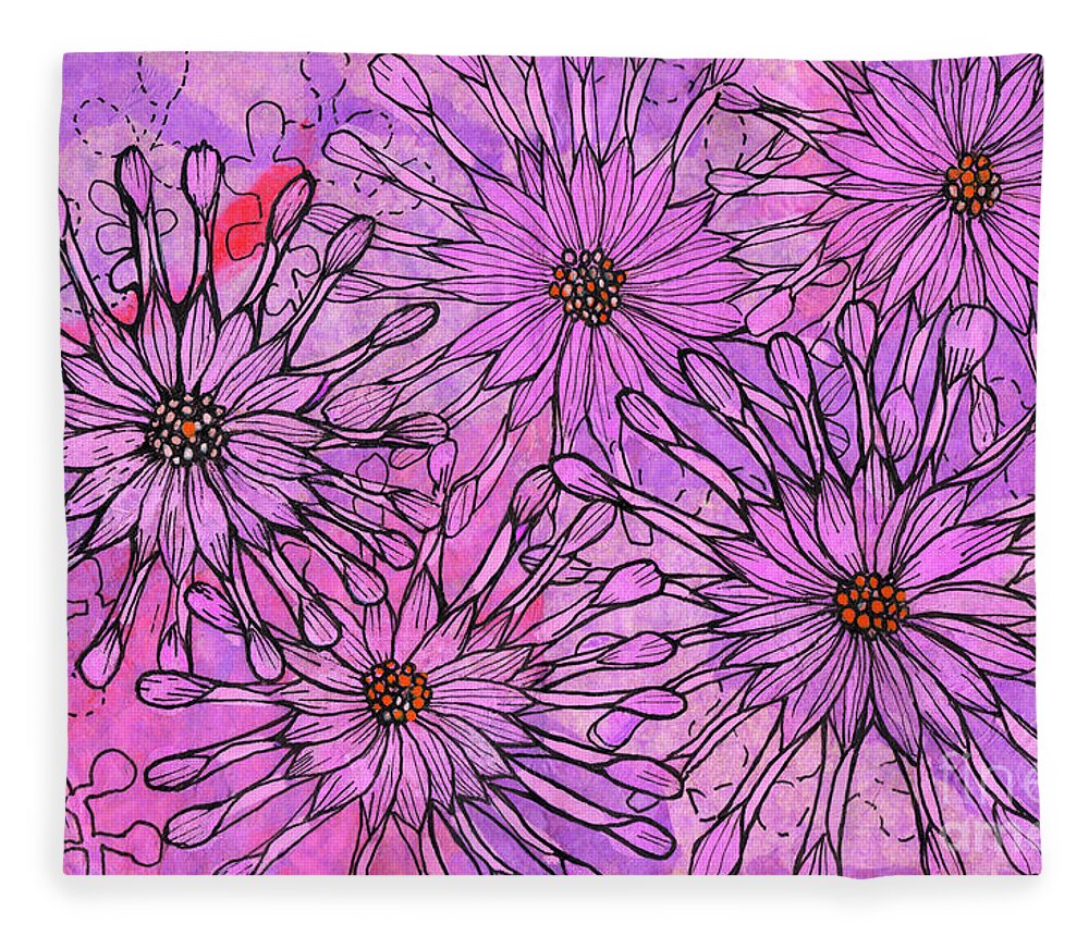 African Daisy Fleece Blanket featuring the mixed media African Daisy, Cape Daisies, Pink Flowers, Floral Art by Julia Khoroshikh