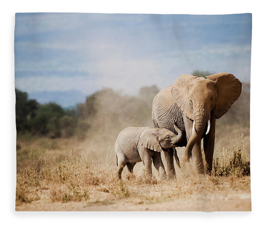 Kenya Fleece Blanket featuring the photograph African Elephant Mother And Calf by Mike Hill