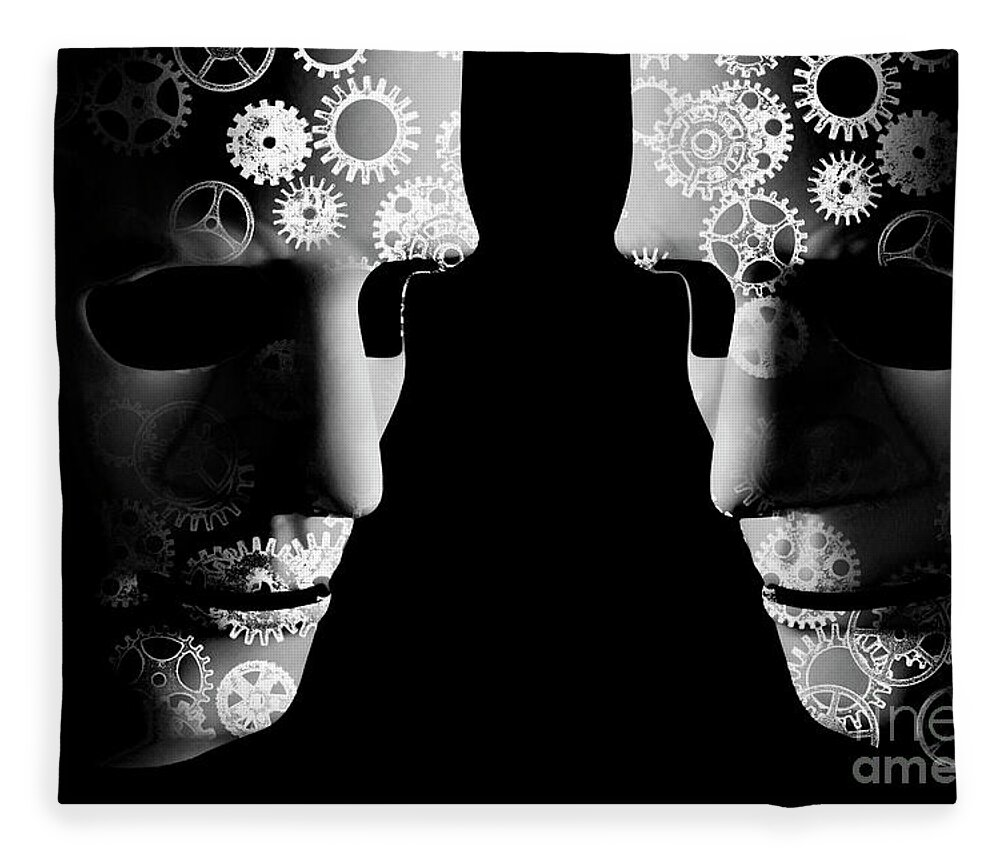 Mask Fleece Blanket featuring the photograph AI robotic concept with cogs for brains by Simon Bratt