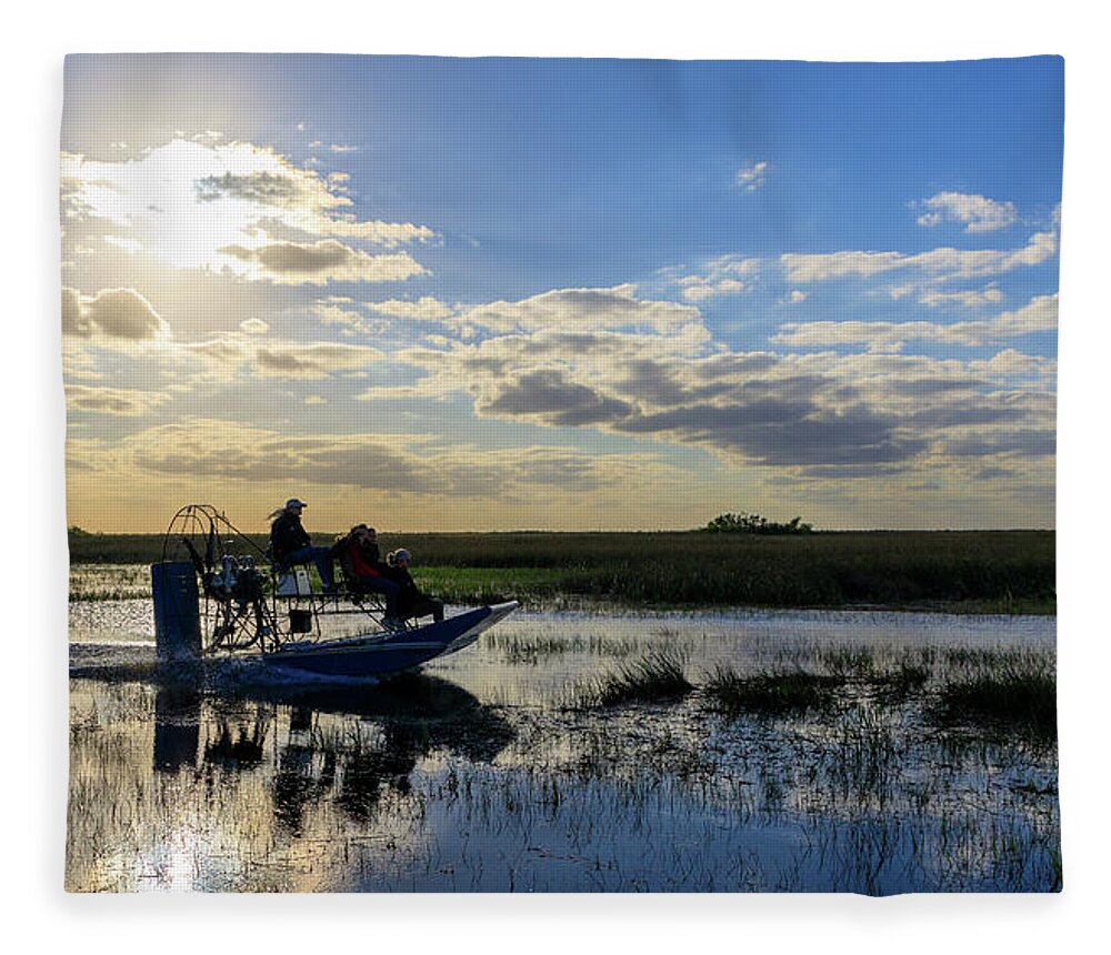 Airboat Fleece Blanket featuring the photograph Airboat at Sunset #660 by Michael Fryd