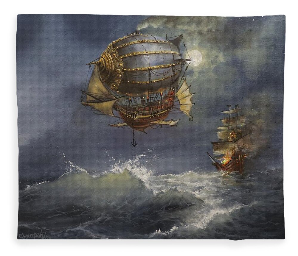 Airship Fleece Blanket featuring the painting Airship Attack by Tom Shropshire