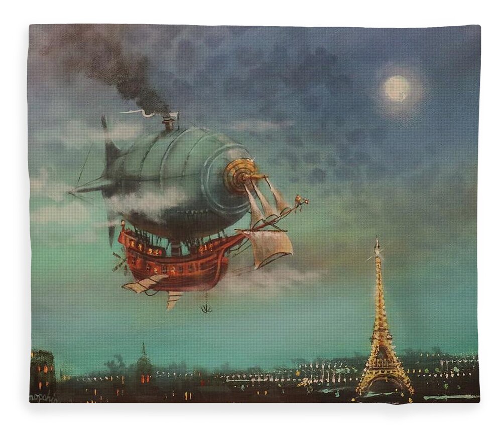 Steampunk Airship Fleece Blanket featuring the painting Airship Over Paris by Tom Shropshire