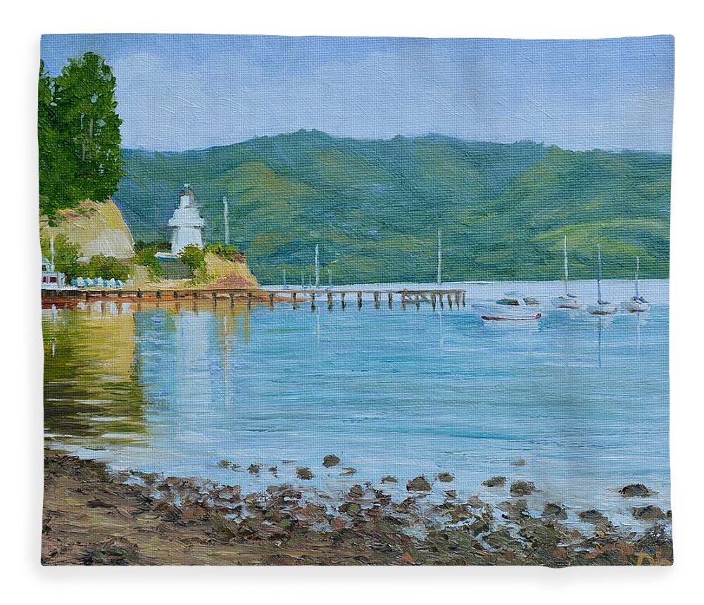 New Zealand Fleece Blanket featuring the painting Akaroa Yacht Club by Dai Wynn