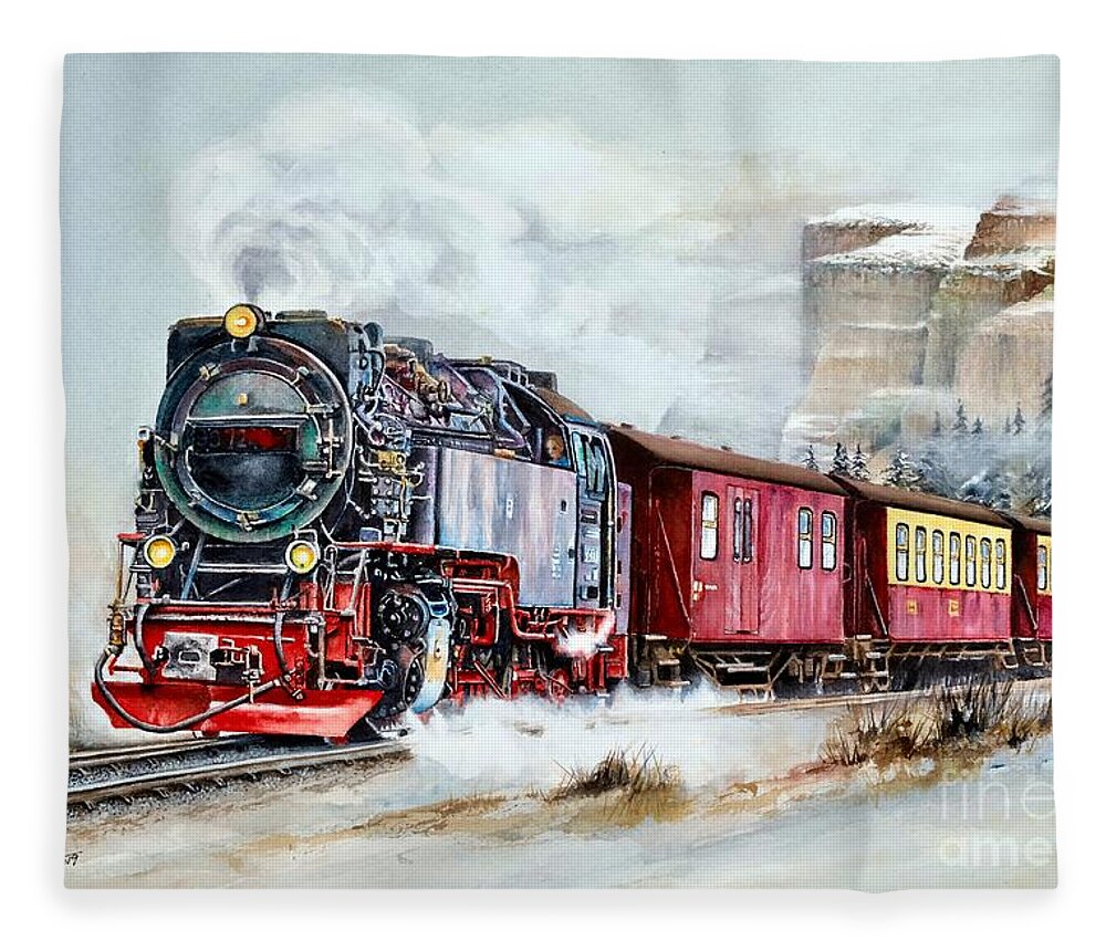 Train Fleece Blanket featuring the painting All Aboard by Jeanette Ferguson