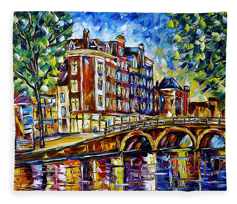 Amsterdam At Night Fleece Blanket featuring the painting Amsterdam In The Evening by Mirek Kuzniar