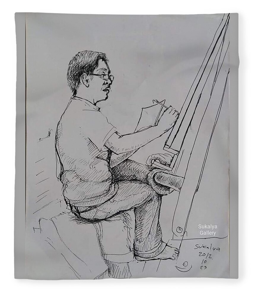 Artist Fleece Blanket featuring the drawing An Artist With the Chinese Brush by Sukalya Chearanantana