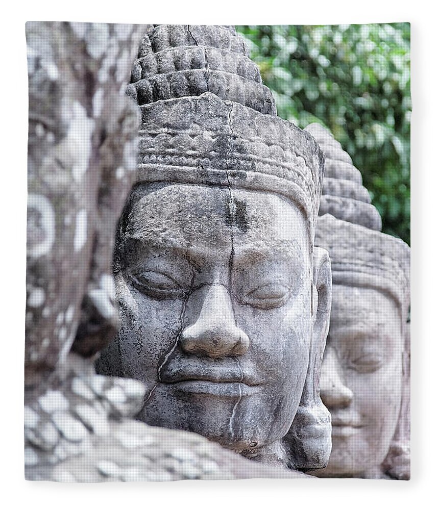 Statue Fleece Blanket featuring the photograph Angkor Thom by (c) Loco Moco Photos