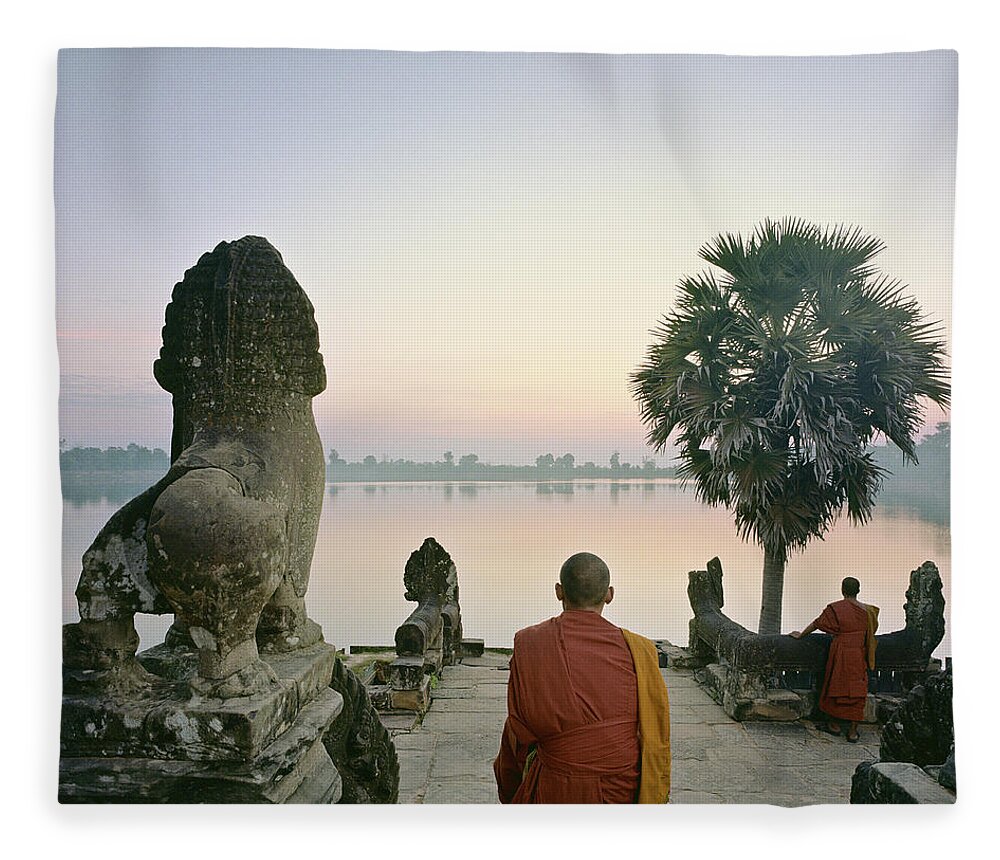 Young Men Fleece Blanket featuring the photograph Angkor Wat, Buddhist Monks At Waters by Martin Puddy