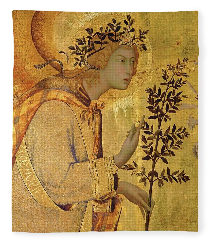 Archangel Gabriel Fleece Blanket featuring the painting Annunciation. Detail the Angel of the Annunciation. by Simone Martini -c 1284-1344-