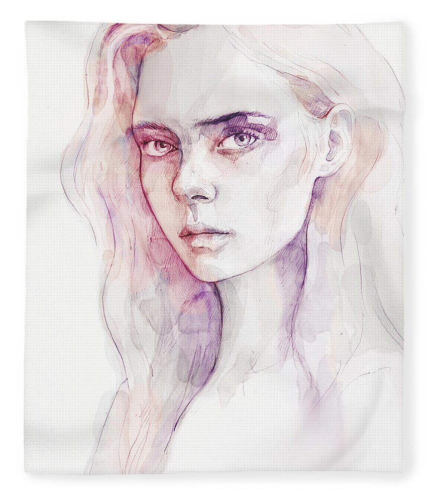 Aquarelle Fleece Blanket featuring the painting Aquarelle portrait of a girl by Dimitar Hristov