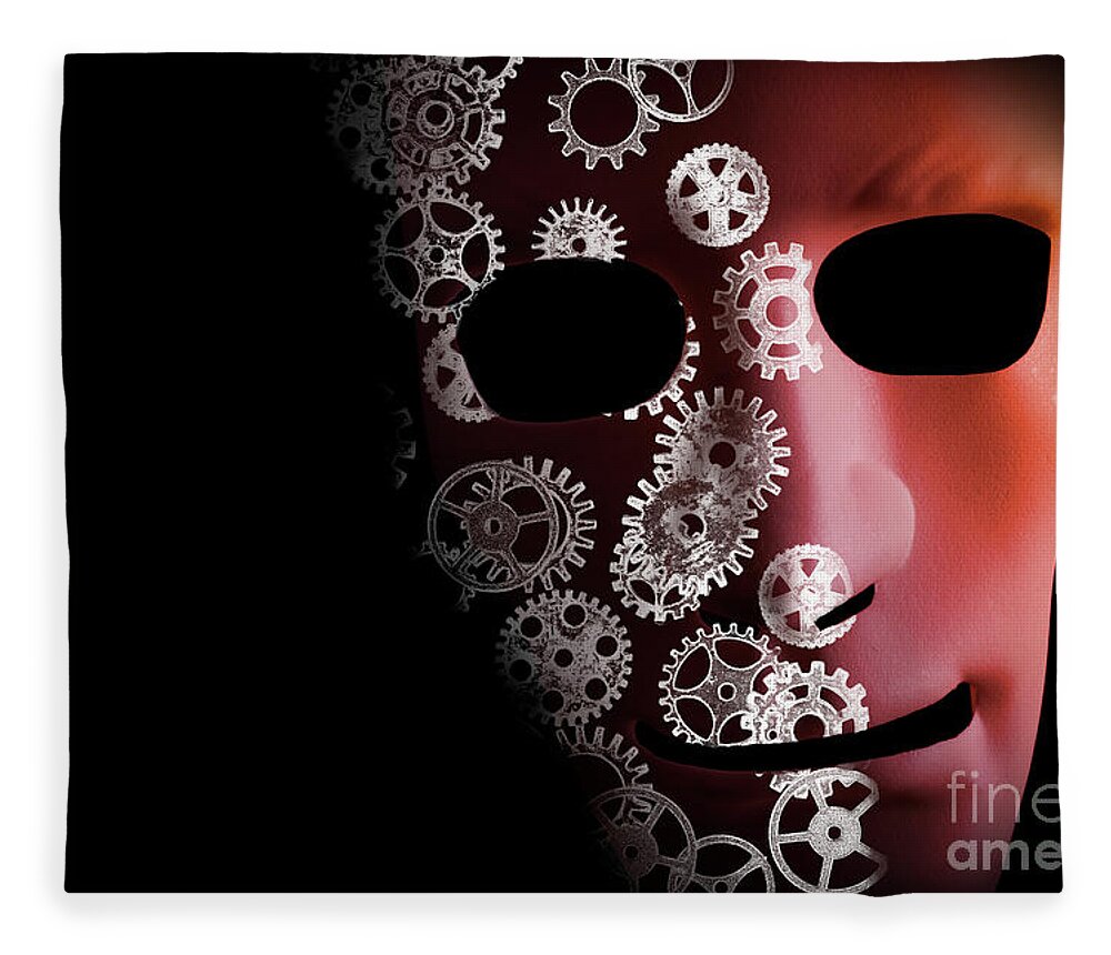 Mask Fleece Blanket featuring the photograph Artificial intelligence concept with robot face by Simon Bratt