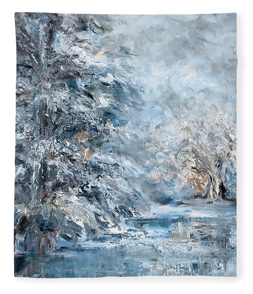 Impressionist Landscape Fleece Blanket featuring the painting In the Snowy Silence by Mary Wolf