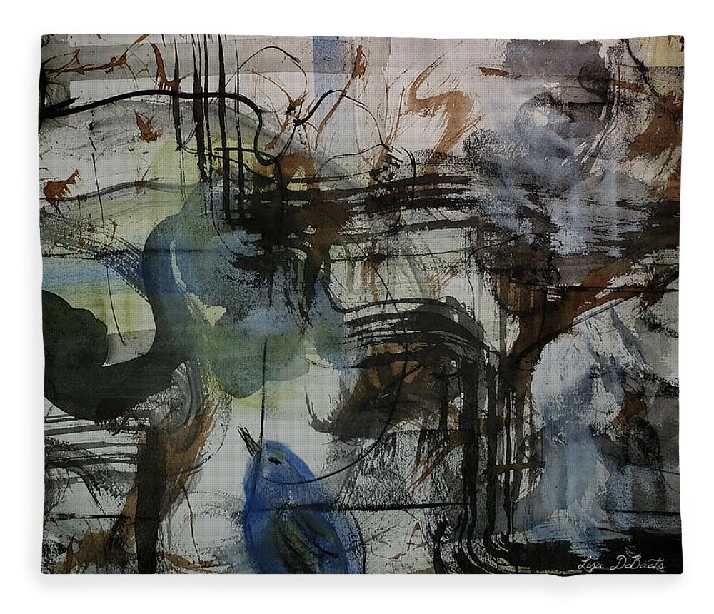 Lyrical Fleece Blanket featuring the painting Blue bird Melodies by Lisa Debaets