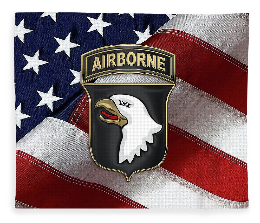 Military Insignia & Heraldry By Serge Averbukh Fleece Blanket featuring the digital art 101st Airborne Division - 101st A B N Insignia over American Flag by Serge Averbukh