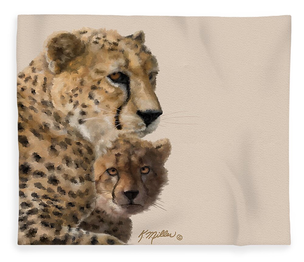 Cheetah Fleece Blanket featuring the painting Cheetah and Cub by Kathie Miller