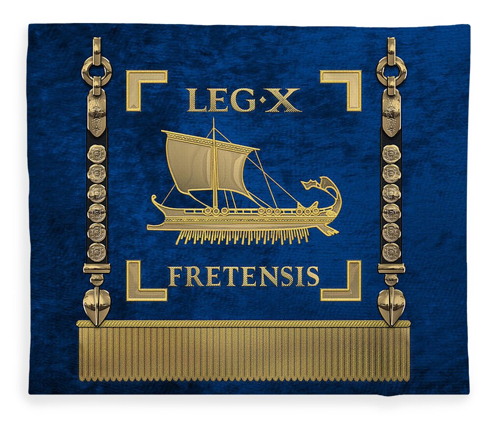 ‘rome’ Collection By Serge Averbukh Fleece Blanket featuring the digital art Trireme Standard of the 10th Legion of the Strait - Blue Vexilloid of Legio X Fretensis by Serge Averbukh