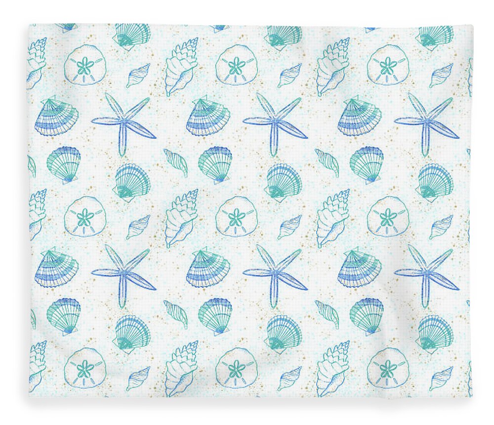 Pattern Fleece Blanket featuring the painting Vibrant Seashell Pattern White Background by Jen Montgomery