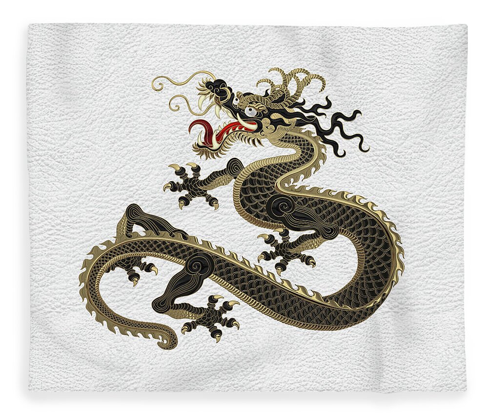 ‘the Great Dragon Spirits’ Collection By Serge Averbukh Fleece Blanket featuring the digital art Black and Gold Sacred Eastern Dragon over White Leather by Serge Averbukh