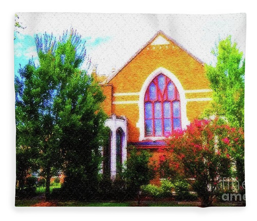 American Churches Fleece Blanket featuring the mixed media Asbury Church Blossoms by Aberjhani