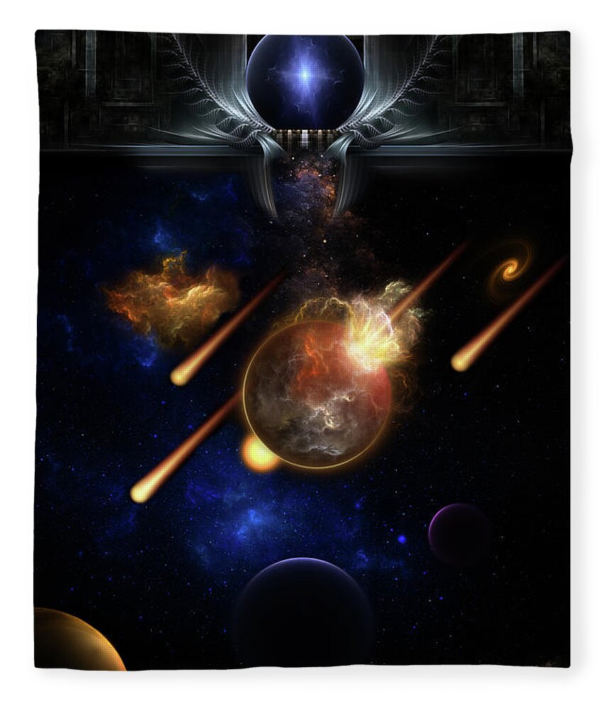 Asteroid Apocalypse Fleece Blanket featuring the digital art Asteroid Apocalypse Fractal Art Spacescape by Rolando Burbon