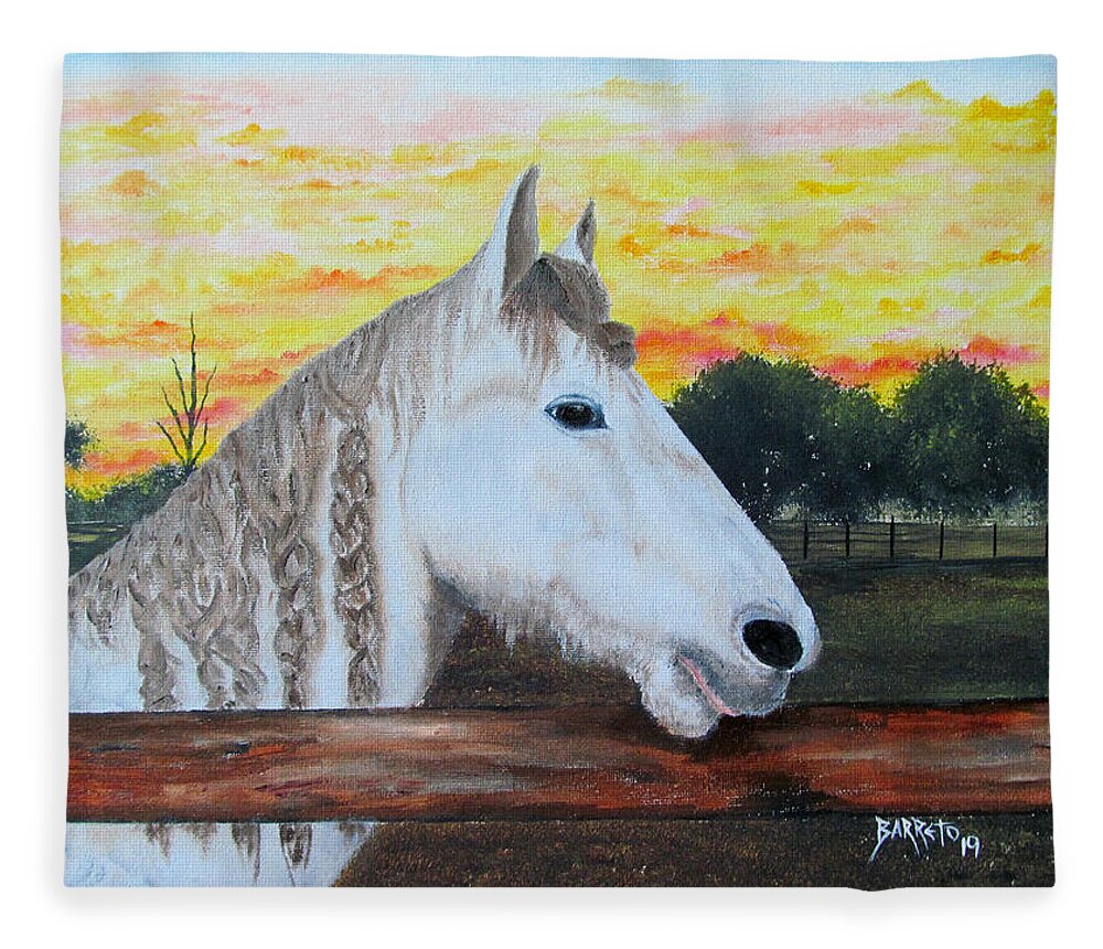 Dales Pony Fleece Blanket featuring the painting At The Farm by Gloria E Barreto-Rodriguez