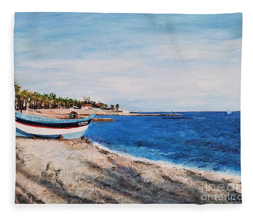 France Fleece Blanket featuring the painting Au bord de la plage, Cagnes-Sur-Mer, France by C E Dill
