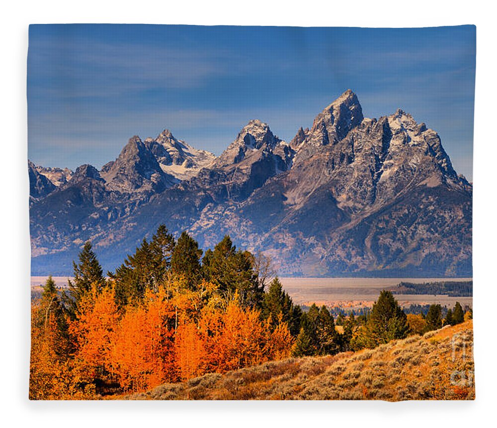 Grand Teton Fleece Blanket featuring the photograph Autumn Gold In The Tetons by Adam Jewell