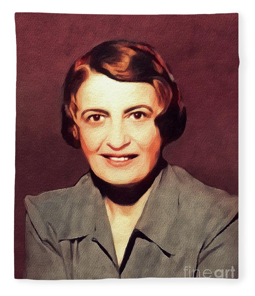 Ayn Fleece Blanket featuring the painting Ayn Rand, Literary Legend by Esoterica Art Agency