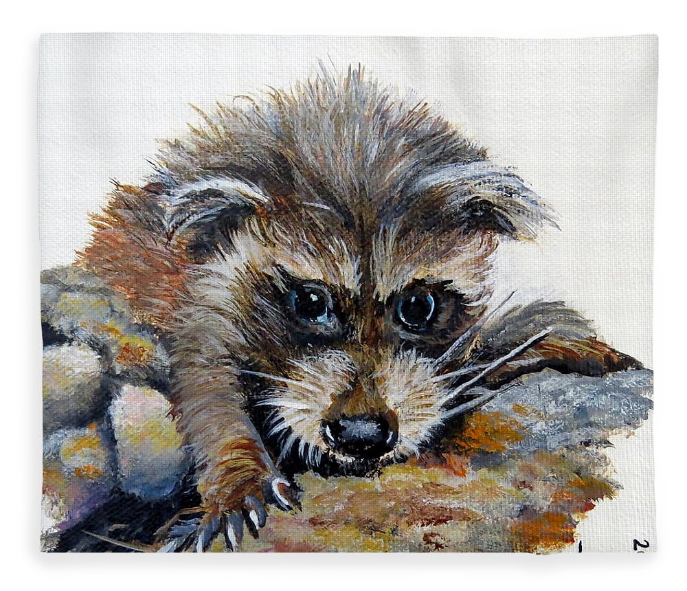 Raccoon Fleece Blanket featuring the painting Baby Raccoon by Marilyn McNish