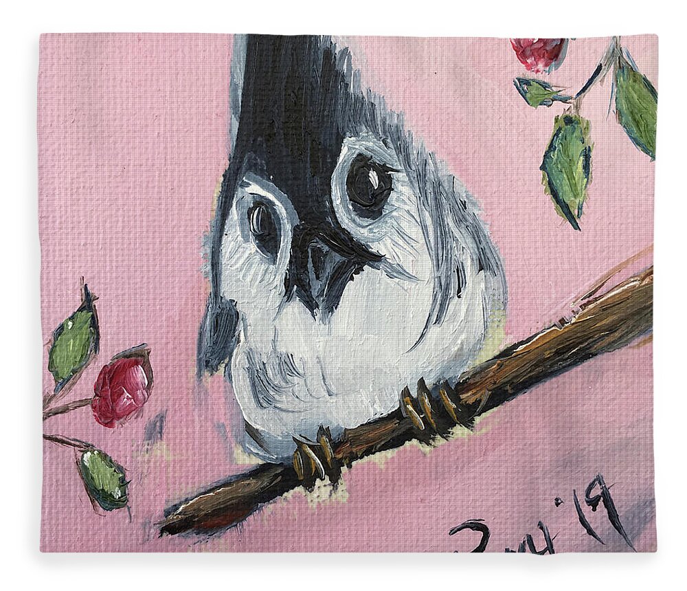 Titmouse Fleece Blanket featuring the painting Baby Tufted Tit Mouse by Roxy Rich