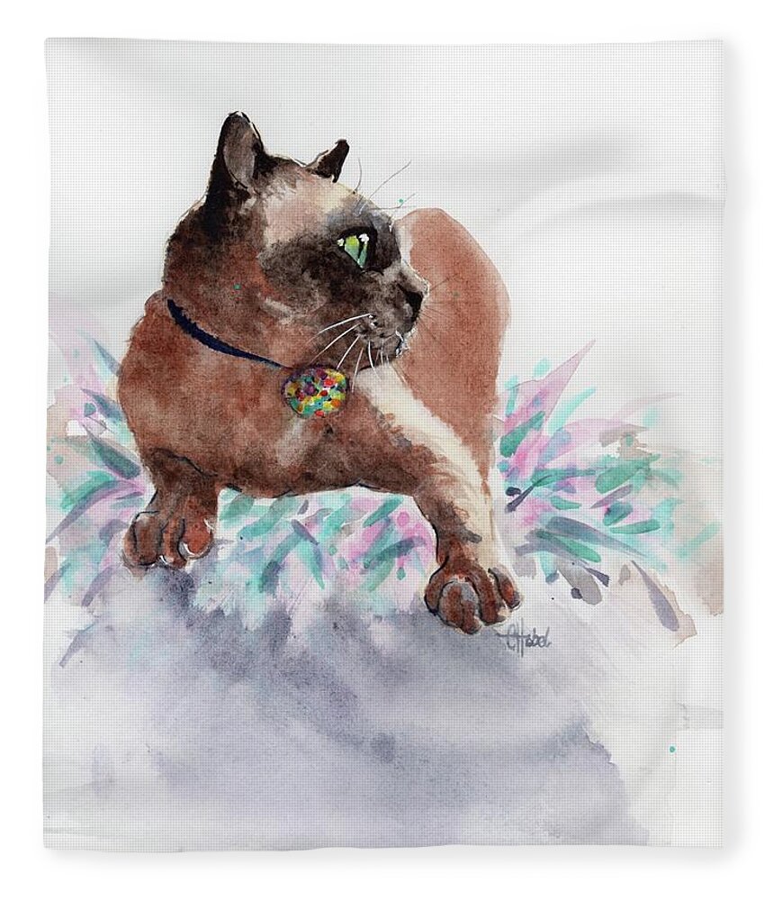 Cat Fleece Blanket featuring the painting Baci Burmese Beauty by Chris Hobel