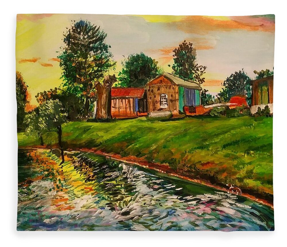 Landscape Fleece Blanket featuring the painting Back yard Pond by Mike Benton