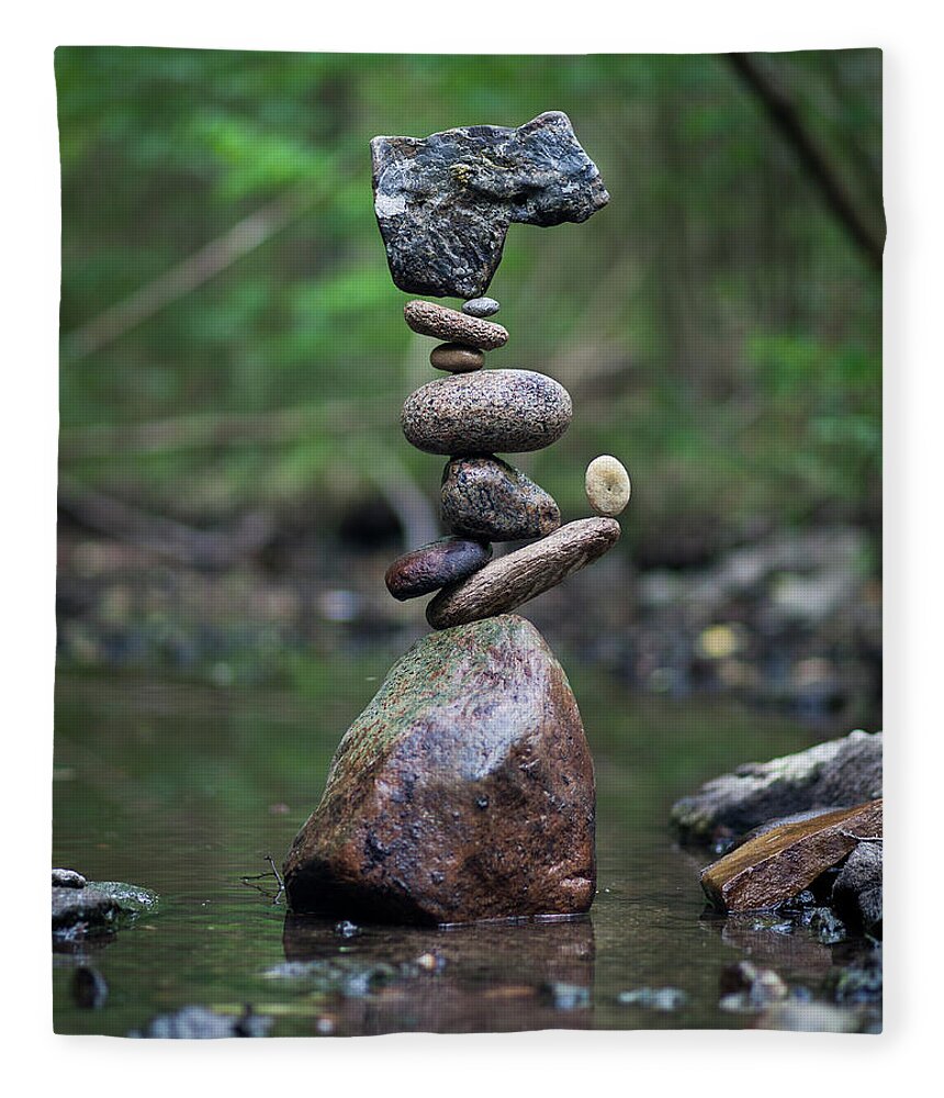 Meditation Zen Yoga Mindfulness Stones Nature Land Art Balancing Sweden Fleece Blanket featuring the sculpture Balancing art #18 by Pontus Jansson