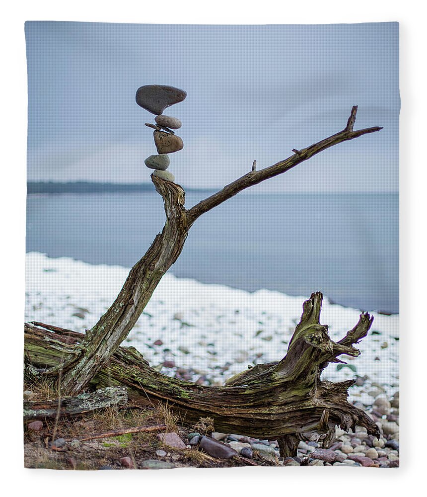 Meditation Zen Yoga Mindfulness Stones Nature Land Art Balancing Sweden Fleece Blanket featuring the sculpture Balancing art #29 by Pontus Jansson