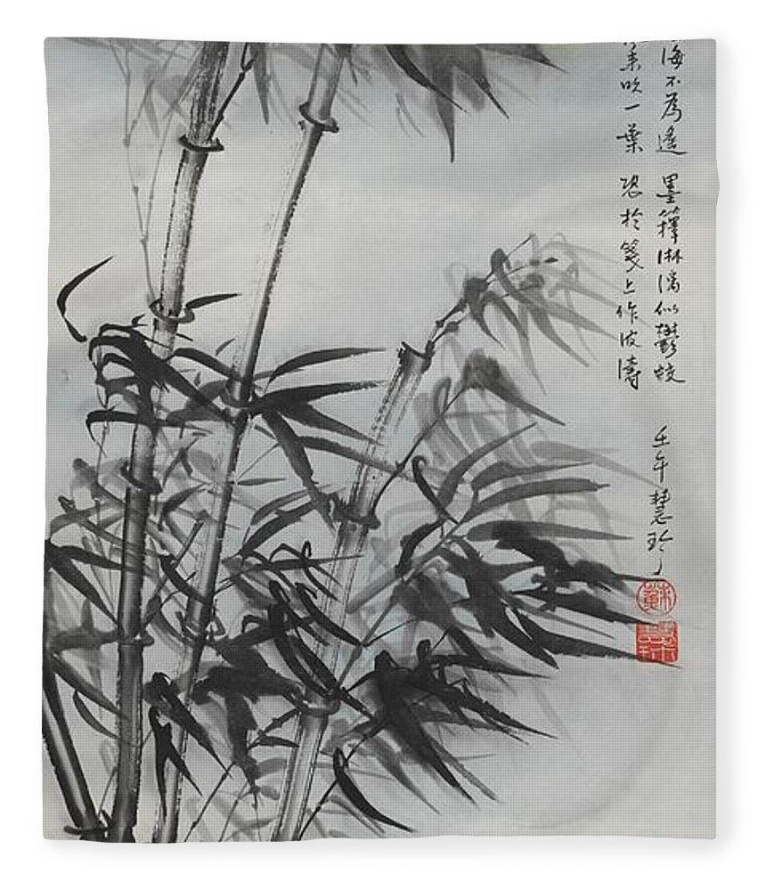 Chinese Watercolor Fleece Blanket featuring the painting Moon Shimmering Through Bamboo by Jenny Sanders