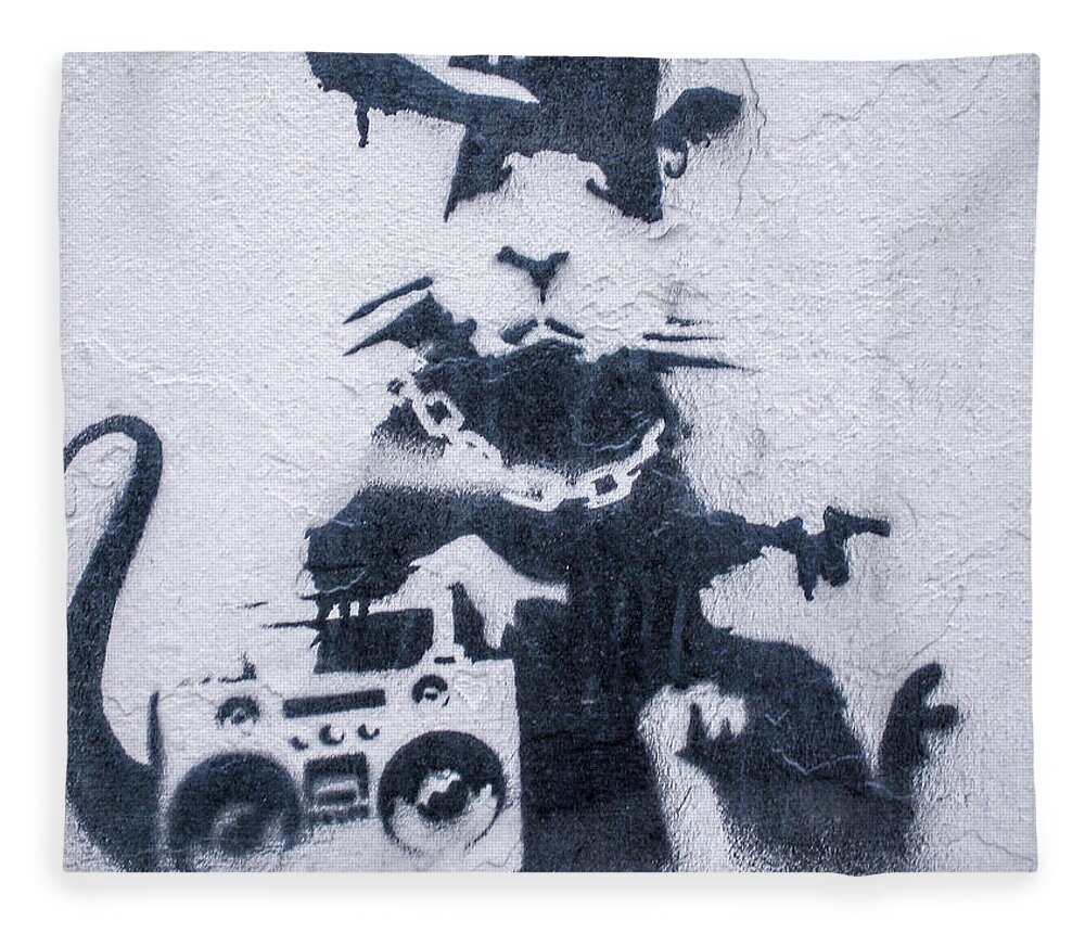 Banksy Fleece Blanket featuring the photograph Banksy's Gansta Rat by Gigi Ebert