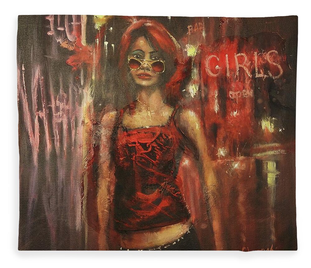 City At Night Fleece Blanket featuring the painting Bar Girl by Tom Shropshire