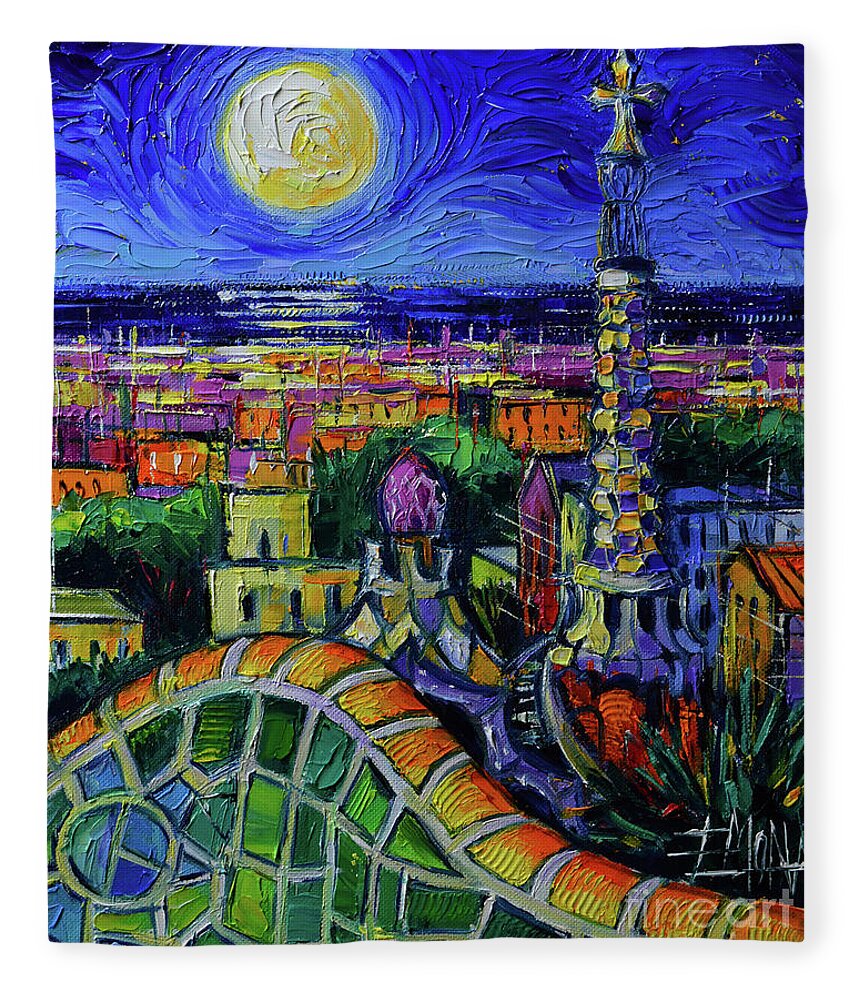 Barcelona Nightscape Fleece Blanket featuring the painting BARCELONA NIGHTSCAPE modern impressionist stylized cityscape oil painting Mona Edulesco by Mona Edulesco