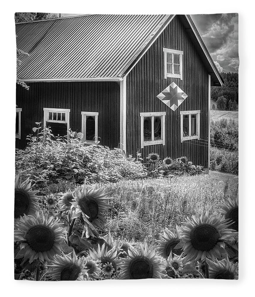 Barn Fleece Blanket featuring the photograph Barn in Summer Sunflowers Black and White by Debra and Dave Vanderlaan