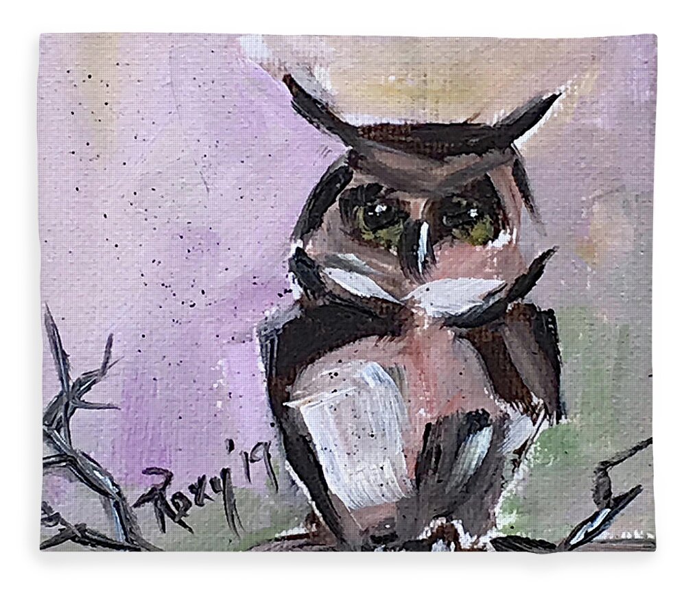 Owl Fleece Blanket featuring the painting Barn Owl on a Branch by Roxy Rich