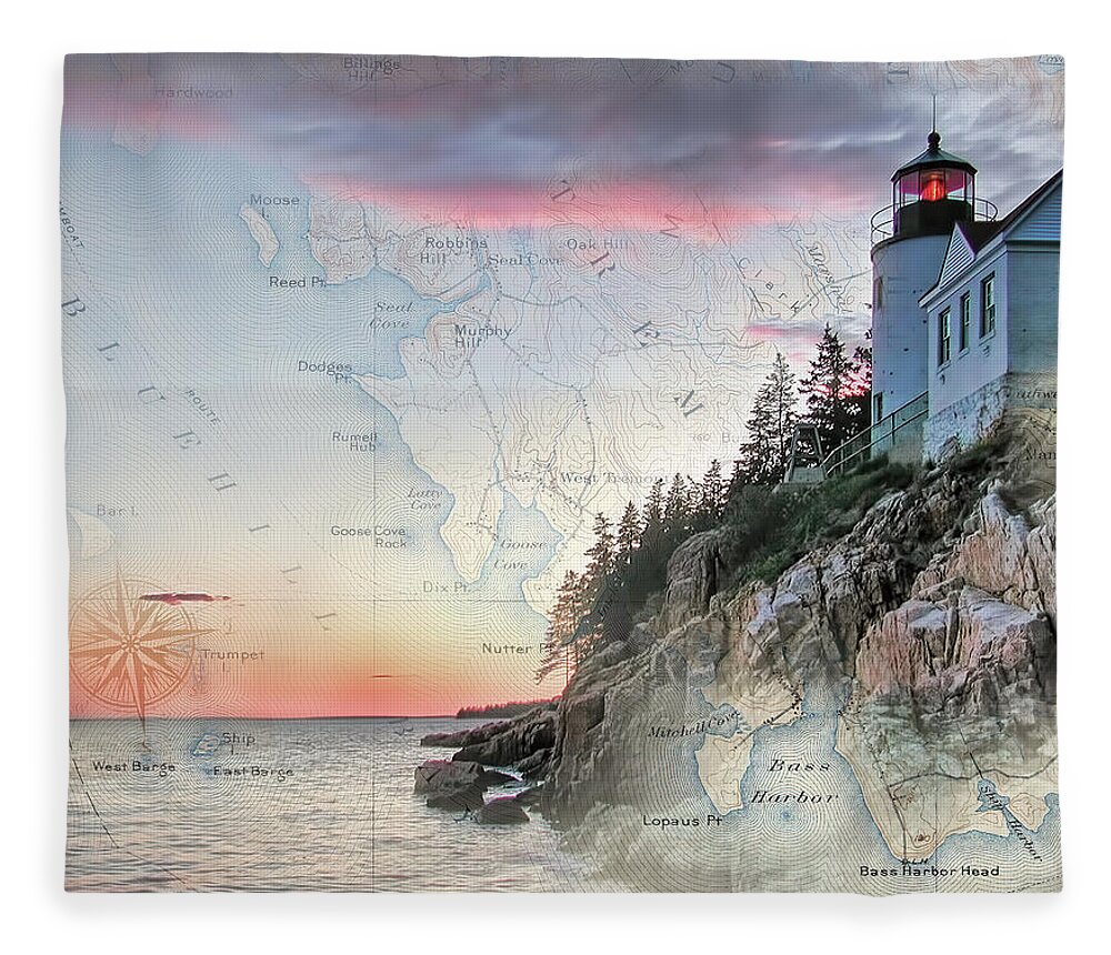 Lighthouses Of New England Fleece Blanket featuring the photograph Bass Harbor lighthouse on a chart by Jeff Folger
