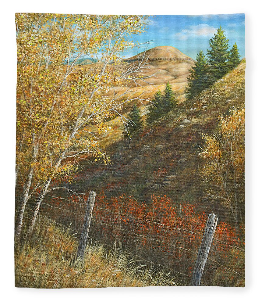 Belt Mt Fleece Blanket featuring the painting Belt Butte Autumn by Kim Lockman