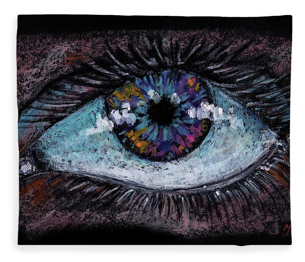 I'm watching you. Big green eye. Oil pastel on black background Fleece  Blanket by Elena Sysoeva - Pixels