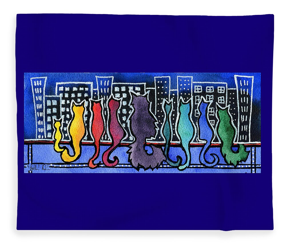 Cat Paintings Fleece Blanket featuring the painting Big City Cats by Dora Hathazi Mendes