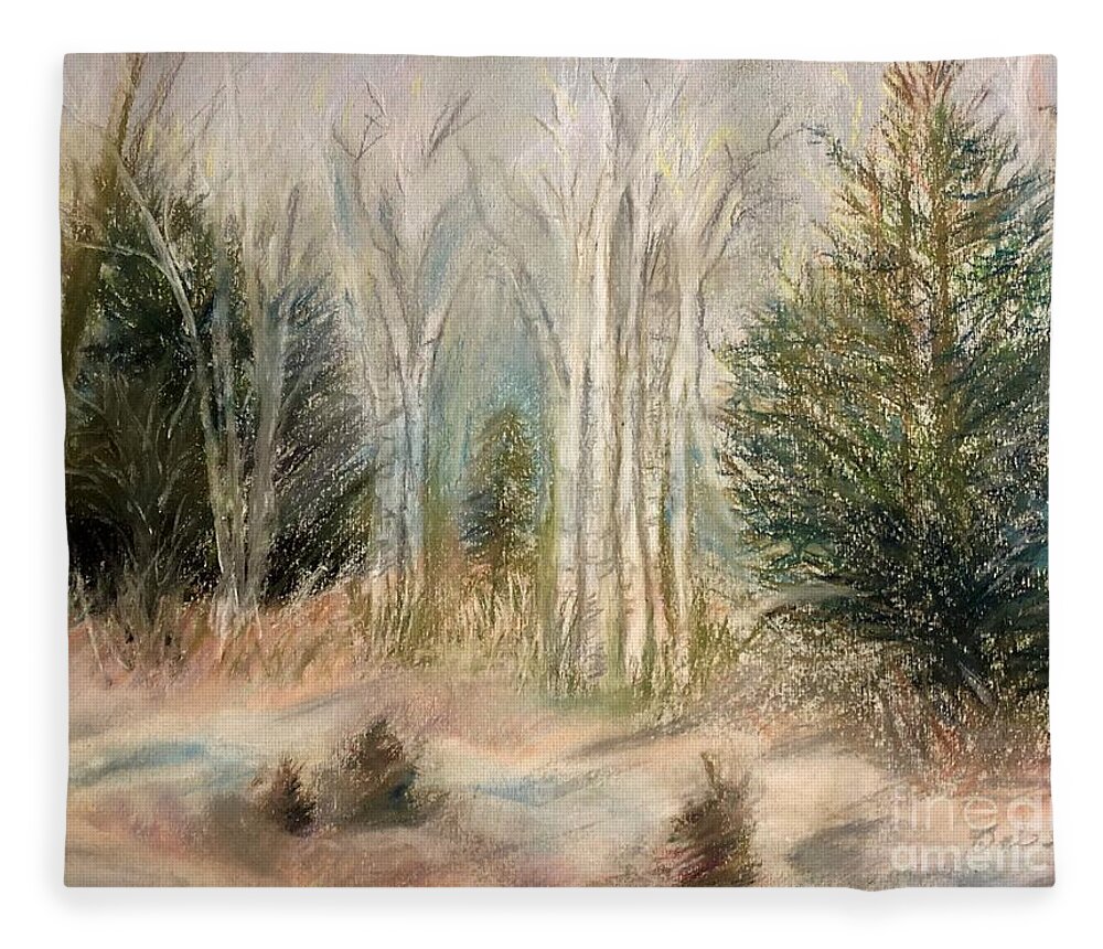 Birch Fleece Blanket featuring the painting Foggy Birch by Deb Stroh-Larson