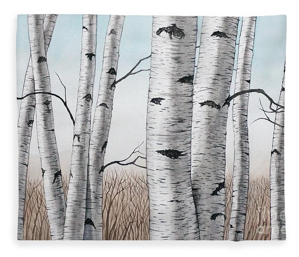 Birch Fleece Blanket featuring the painting Birch Trees in Early Winter in Watercolor by Christopher Shellhammer