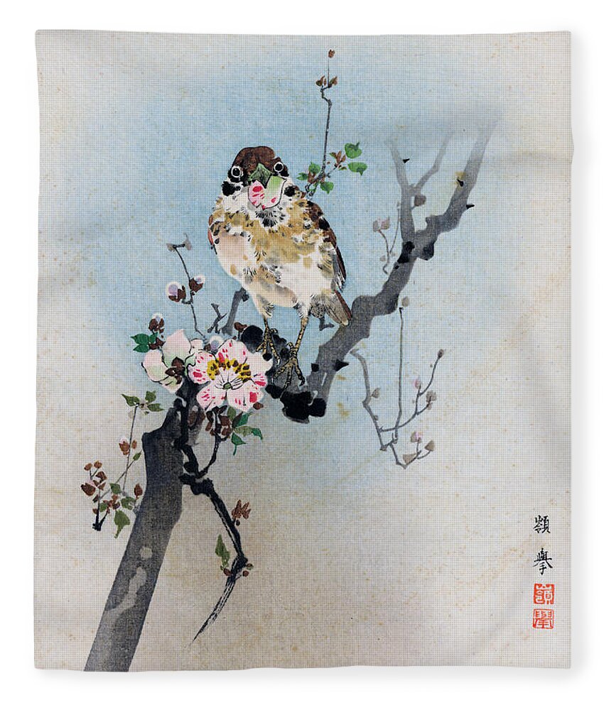 Rioko Fleece Blanket featuring the painting Bird and Petal by Rioko