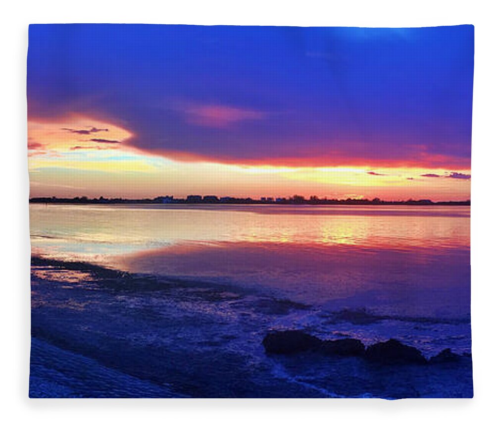 Sunset Fleece Blanket featuring the photograph Bird Key Park Sunset Pano by Gary F Richards