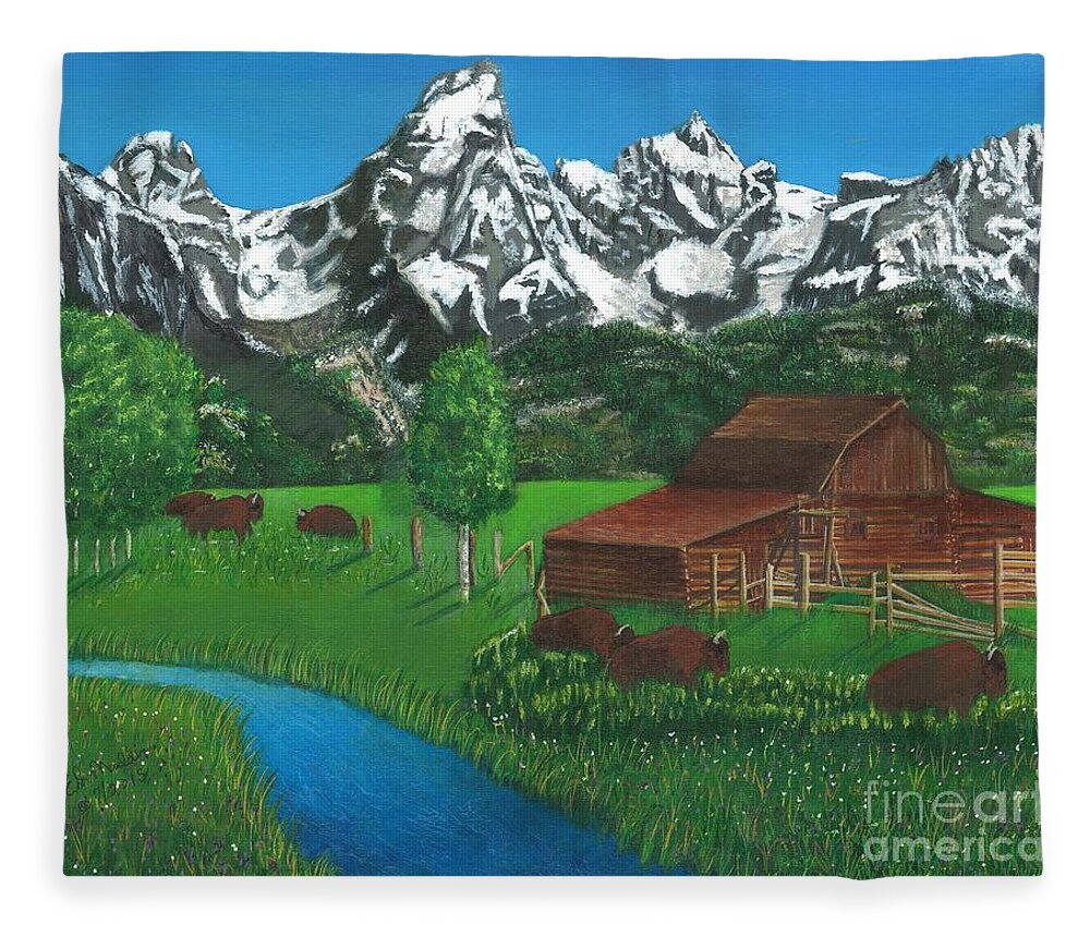 Grand Teton Mountains Fleece Blanket featuring the painting Bison Roaming Grand Teton Mountains, Wyoming by Elizabeth Mauldin