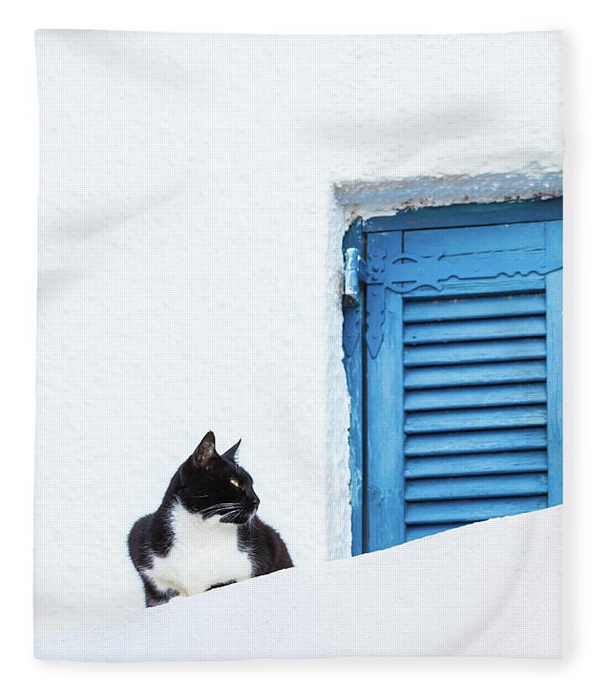 Greece Fleece Blanket featuring the photograph Black Cat Sitting Near Blue Shutter by Matteo Colombo